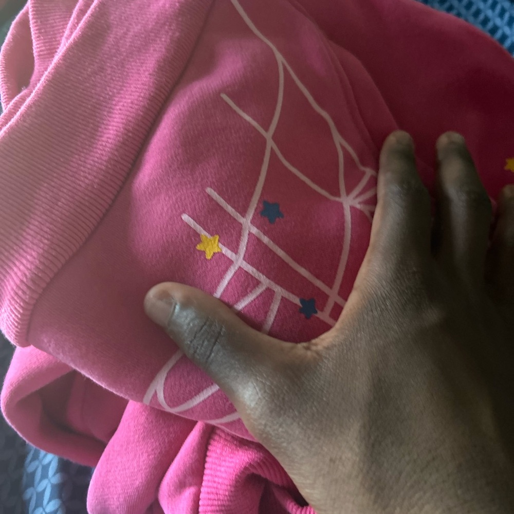 Pink sp5der hoodie with a lot of colors yellow blue